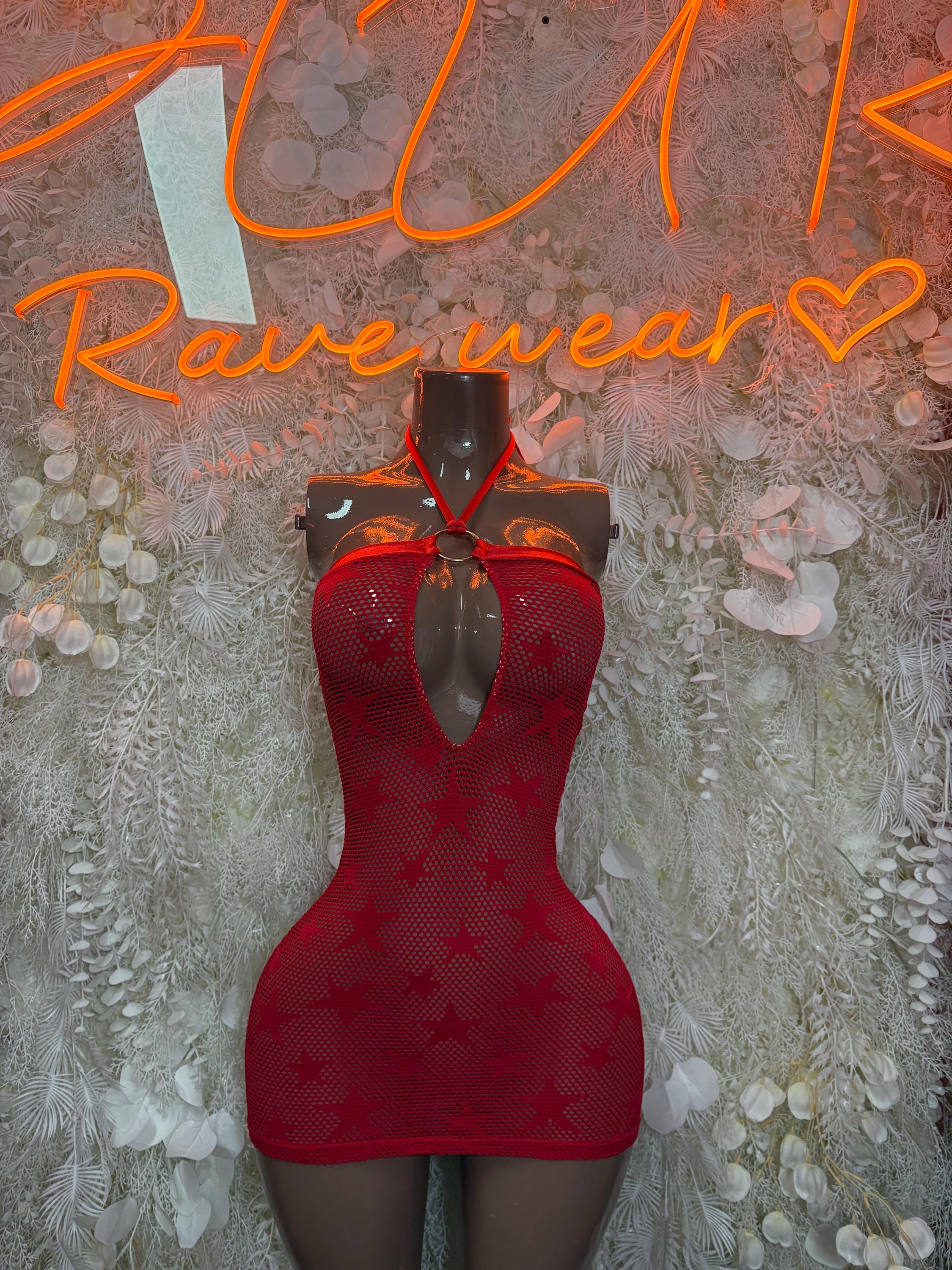 Red mini dress with halter neckline, front cutout, fitted bodycon silhouette