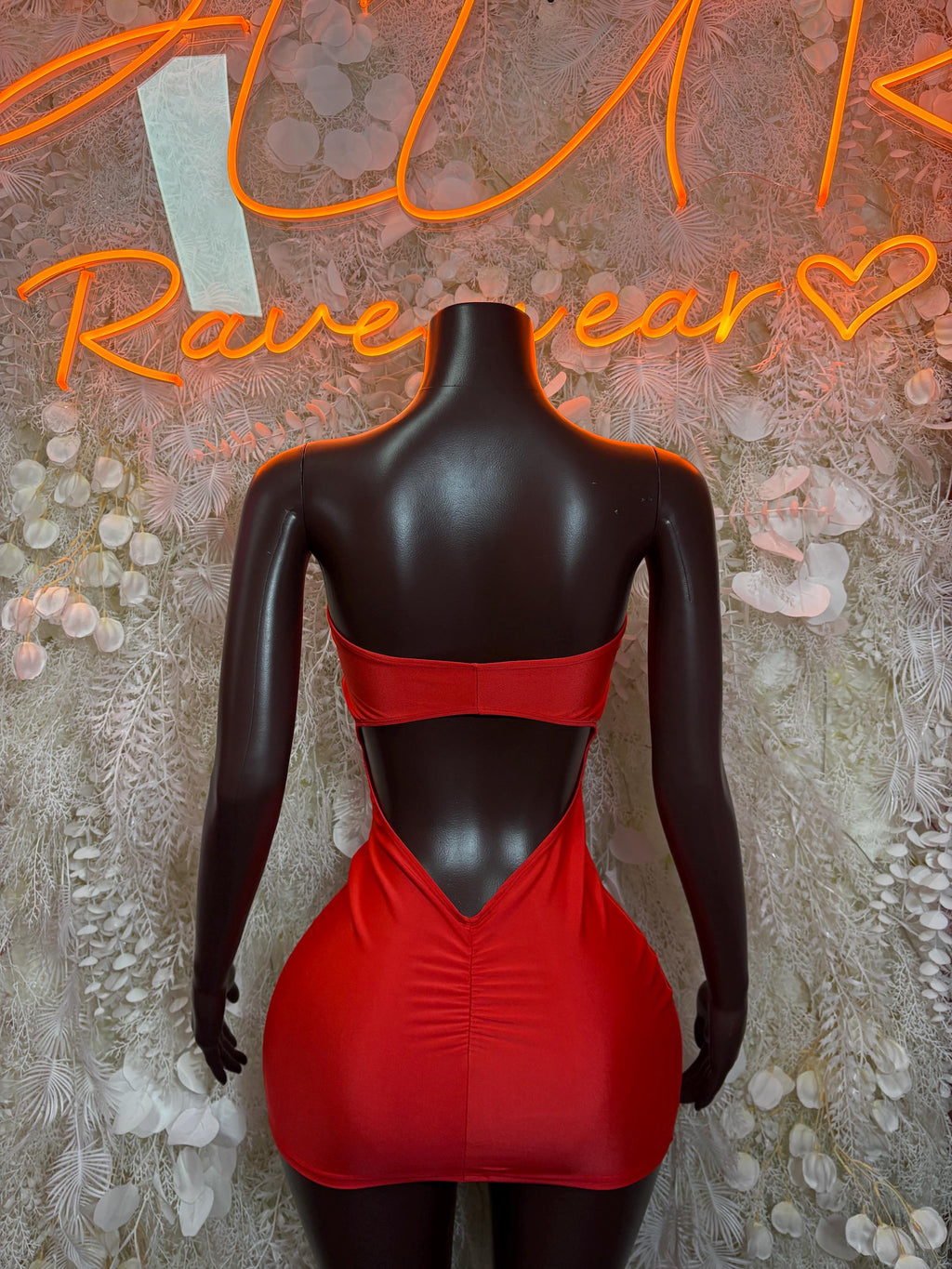 Red mini dress with V-back and wide strap openings