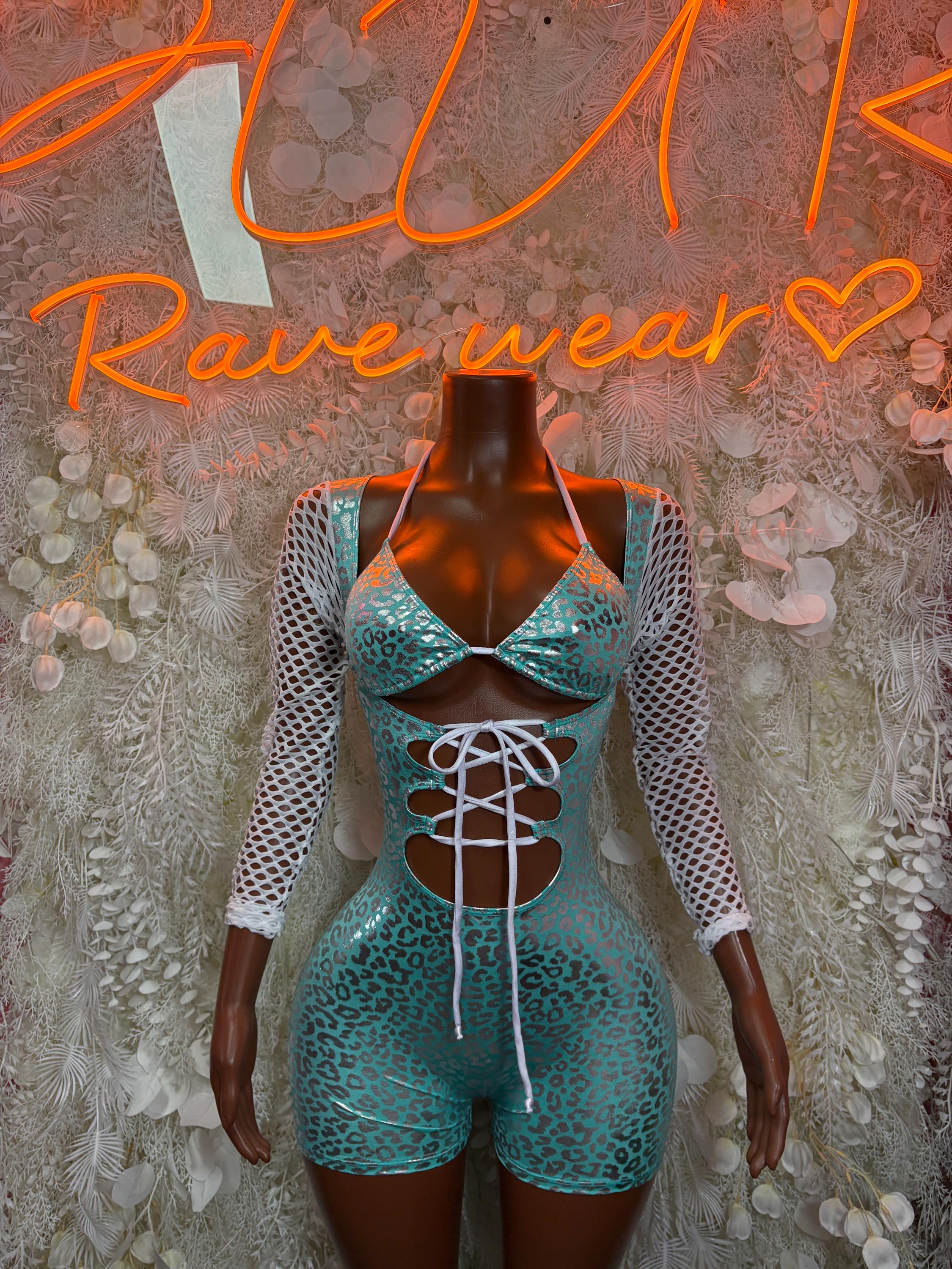 Turquoise cheetah-print bodysuit with long mesh sleeves and front lace-up