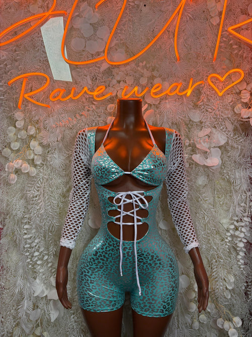 Turquoise cheetah print bodysuit with lace-up front, underbust bra cups, long mesh sleeves
