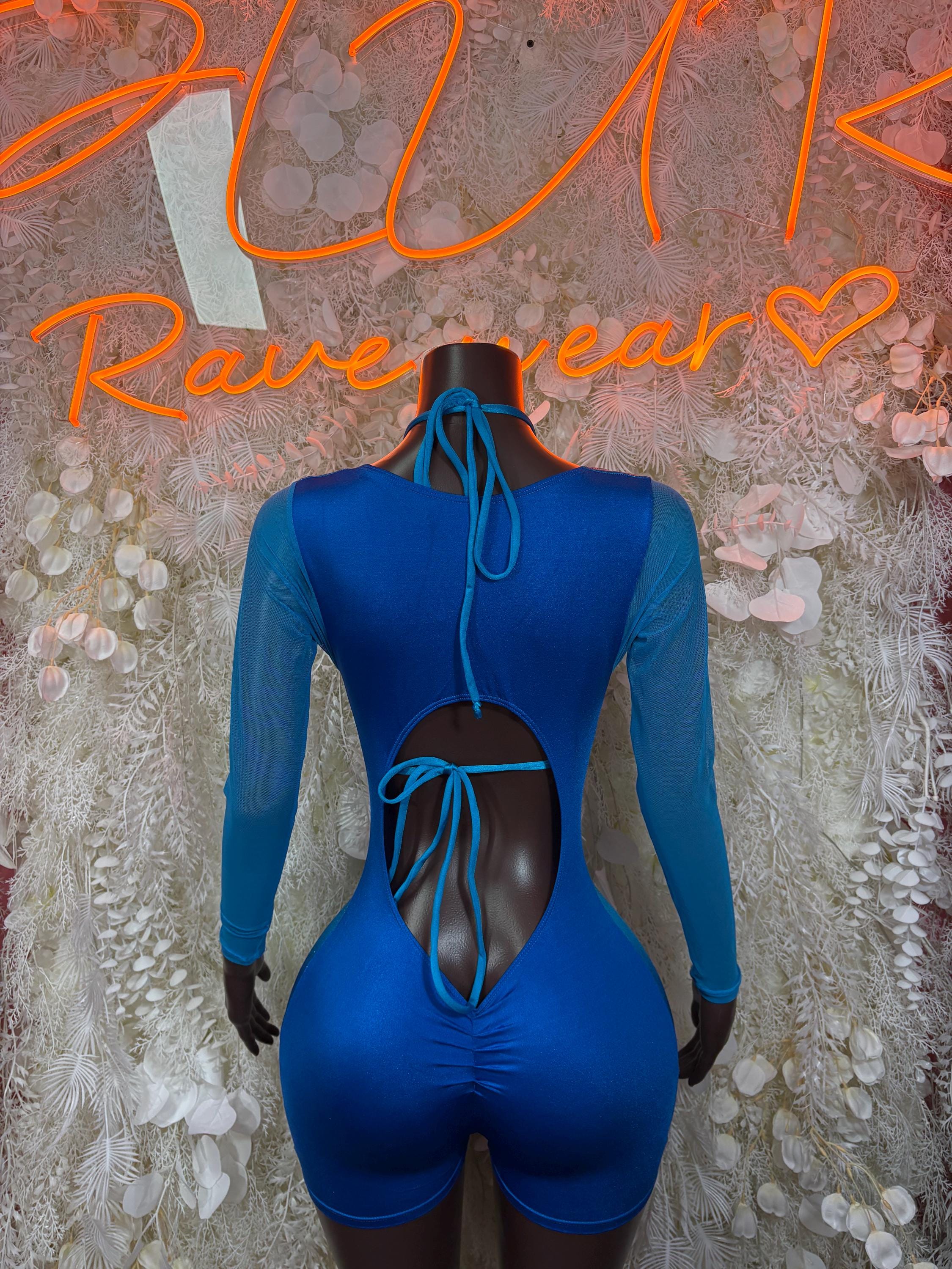 Royal blue metallic bodysuit with long sleeves, tie-back cutout and high-leg shorts