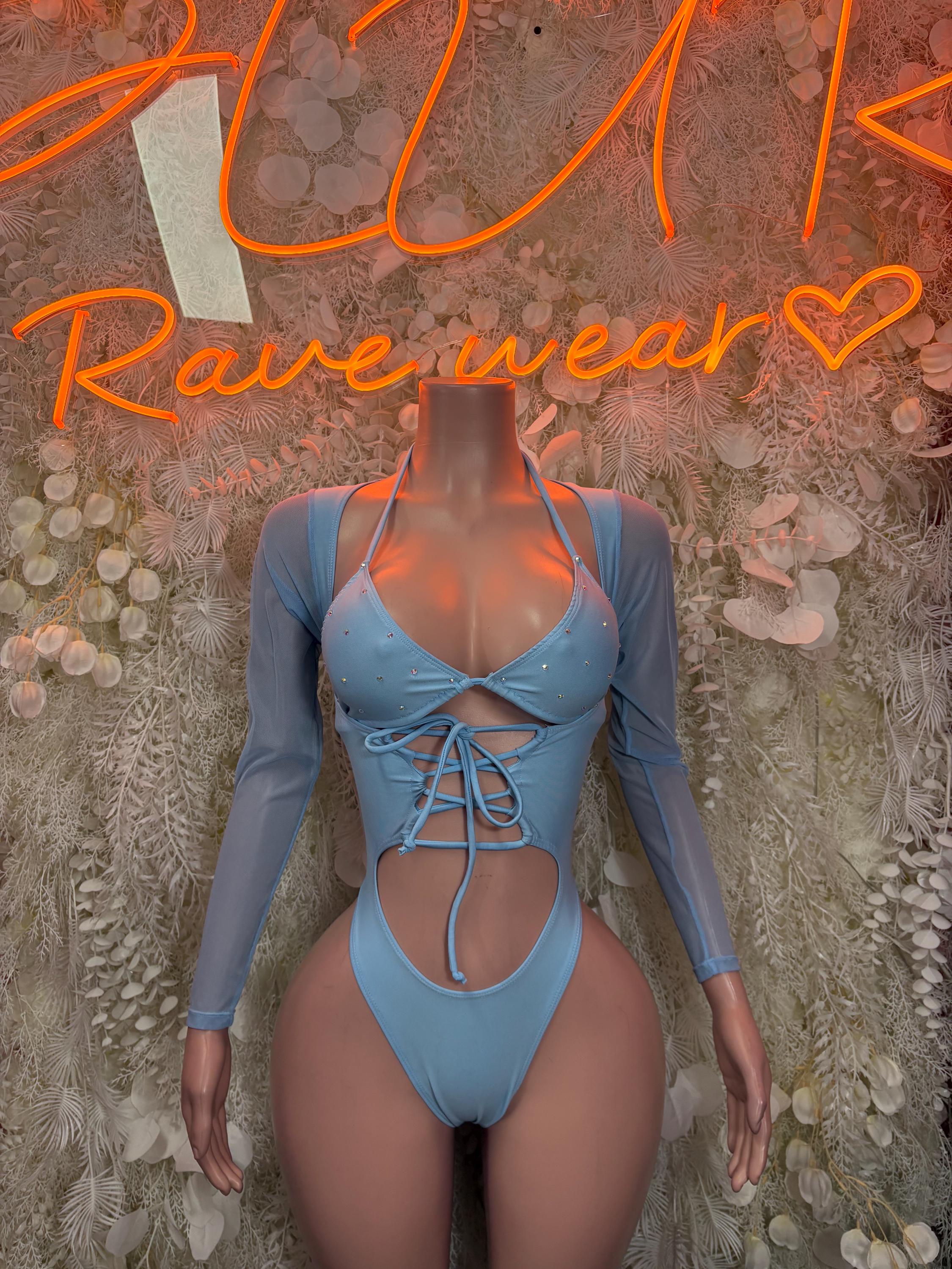 Light blue one-piece bodysuit with long sleeves, lace-up front and chest cutouts