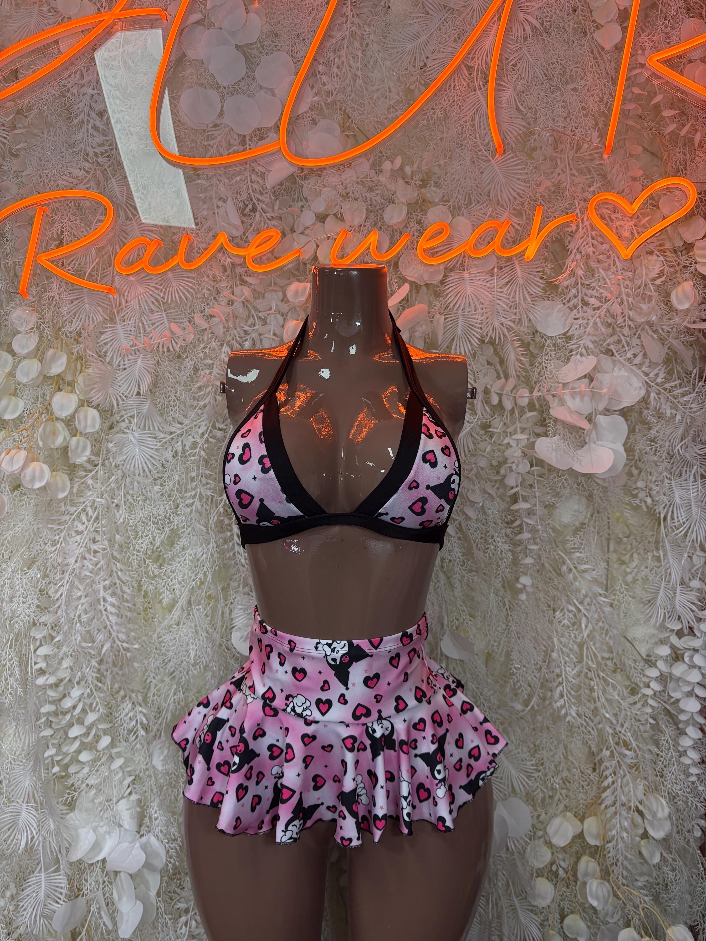 Hearts-print pink two-piece skirt set with black mesh triangle bra top