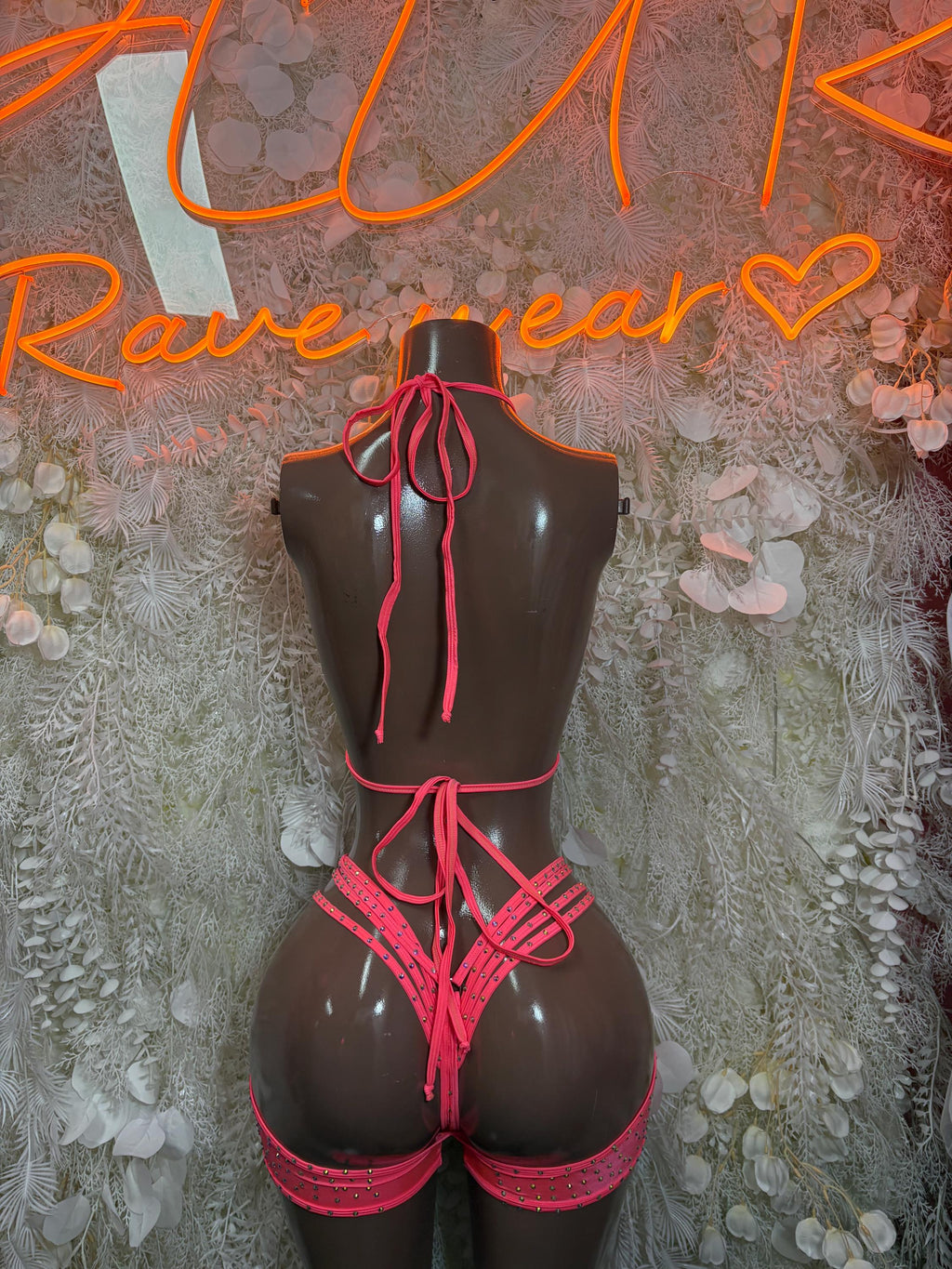 Coral rhinestone mesh rave bodysuit with crisscross tie-back and high-cut briefs