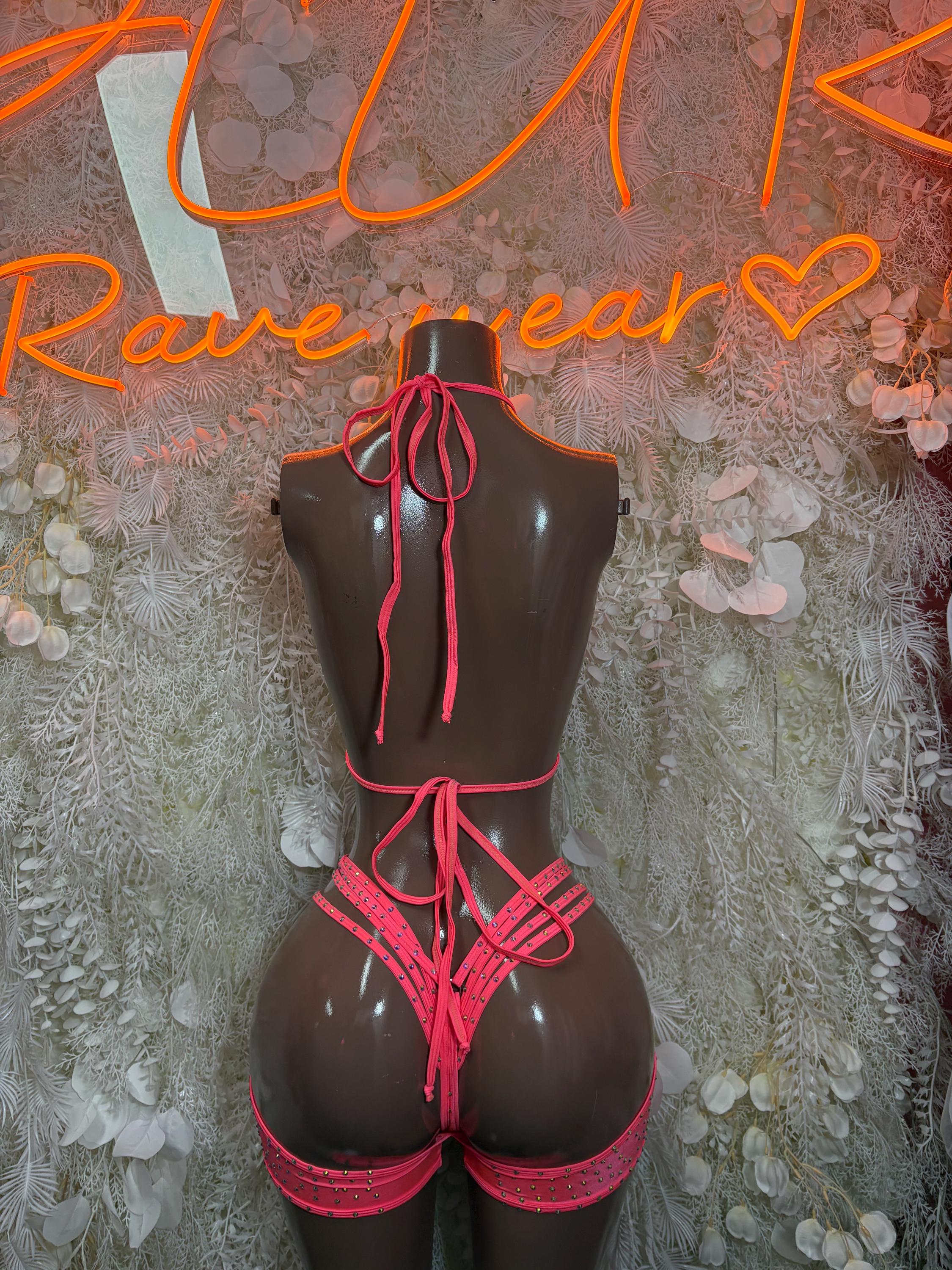 Coral rhinestone mesh rave bodysuit with crisscross tie-back and high-cut briefs