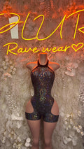 Metallic black sleeveless bodysuit with high neck and cutout thong-style legs