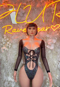 Metallic dark bodysuit with lace-up front and long sheer sleeves