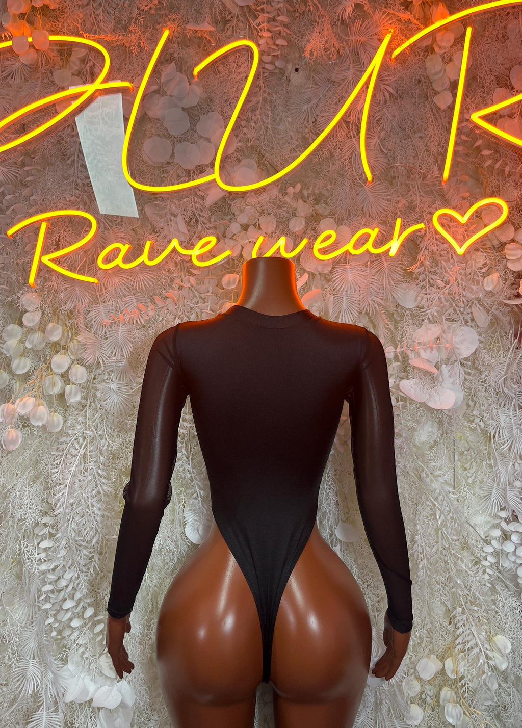 Metallic black bodysuit with high back and long sleeves