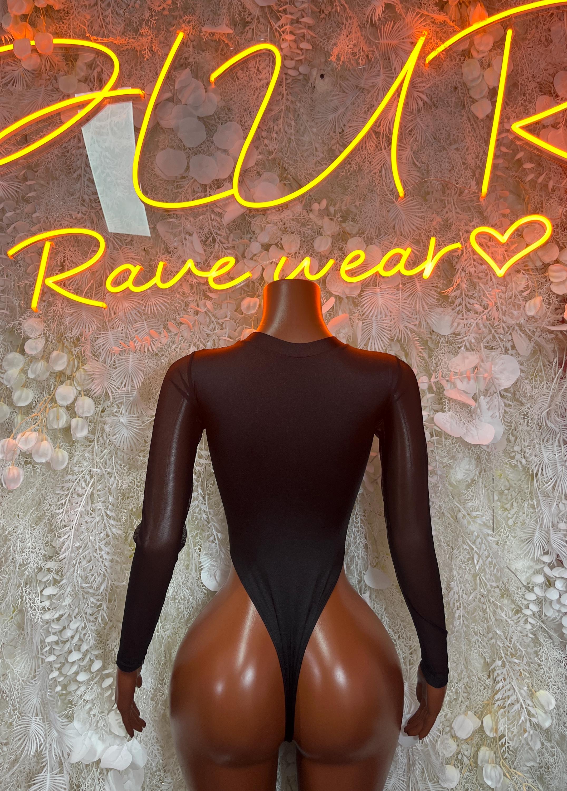 Metallic black bodysuit with high back and long sleeves