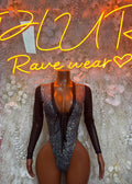 Metallic black bodysuit with V neckline, corset lace-up front, long sleeves