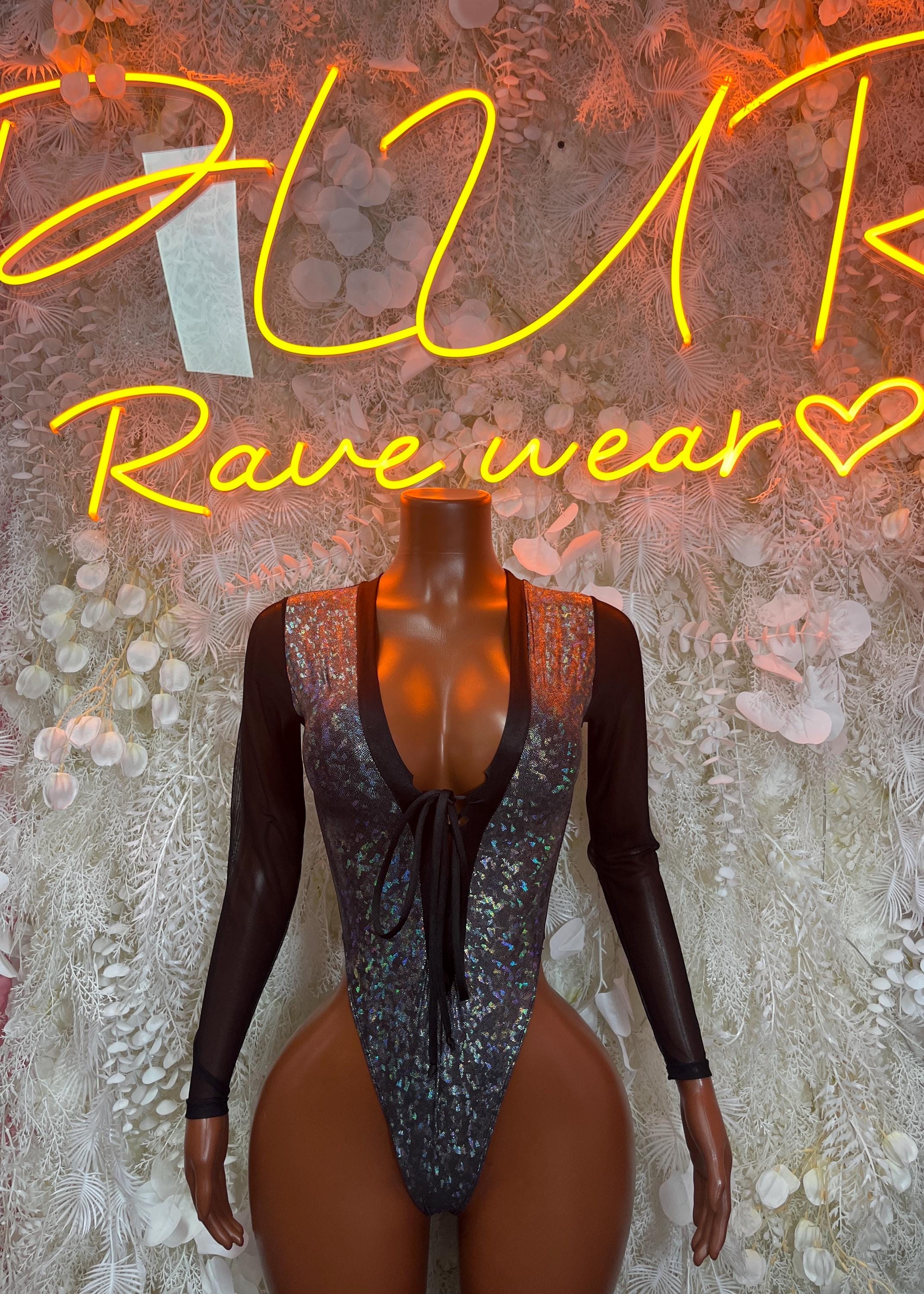 Metallic black bodysuit with V neckline, corset lace-up front, long sleeves