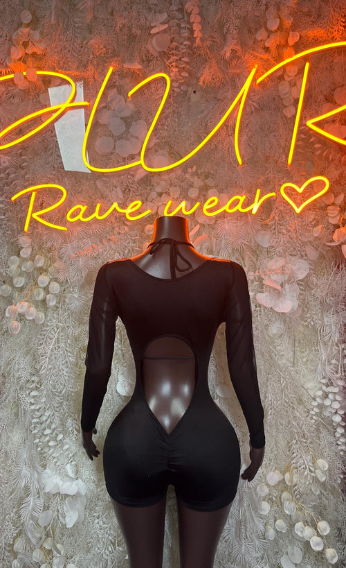 Black long-sleeve unitard with deep V neckline and fitted shorts