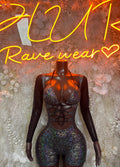 Black long-sleeve bodysuit with multicolor iridescent front and lace-up V neckline