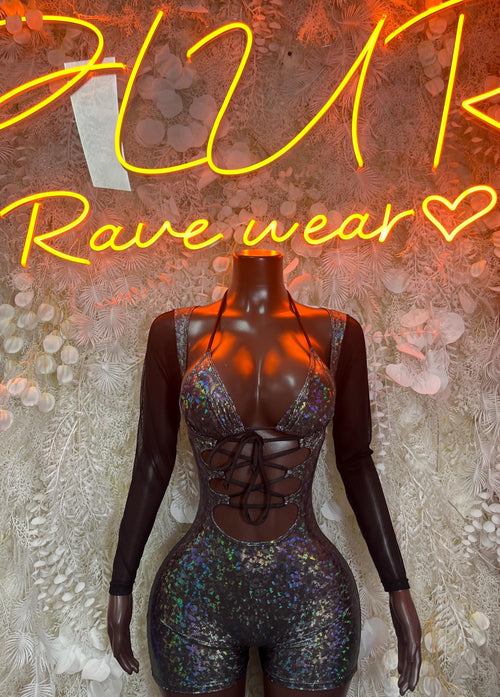 Black long-sleeve bodysuit with multicolor iridescent front and lace-up V neckline