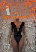 Black velvet one-piece bodysuit, deep V front and high-cut bottom with long sleeves