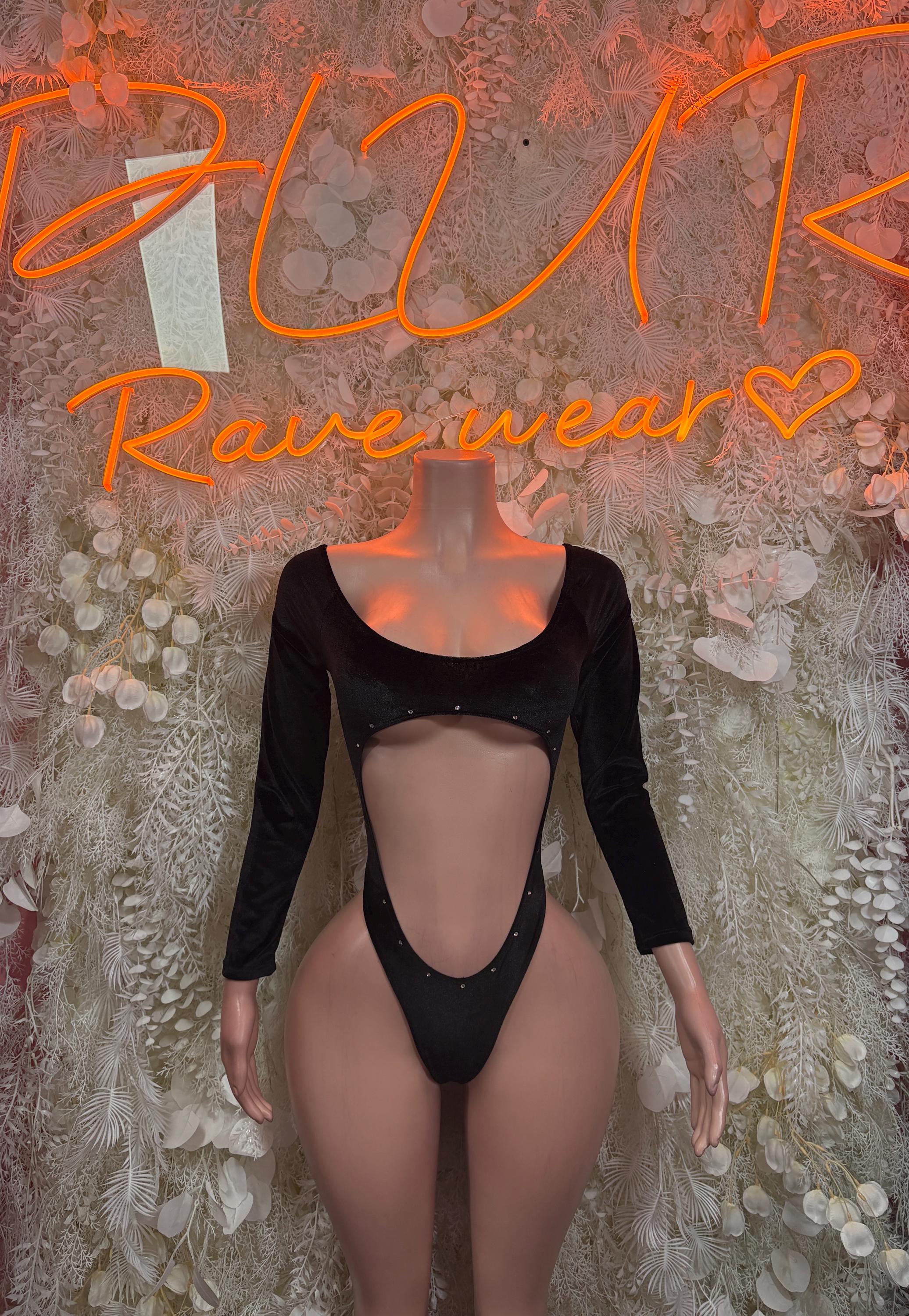 Black velvet bodysuit with long sleeves and deep front cutout, thong back