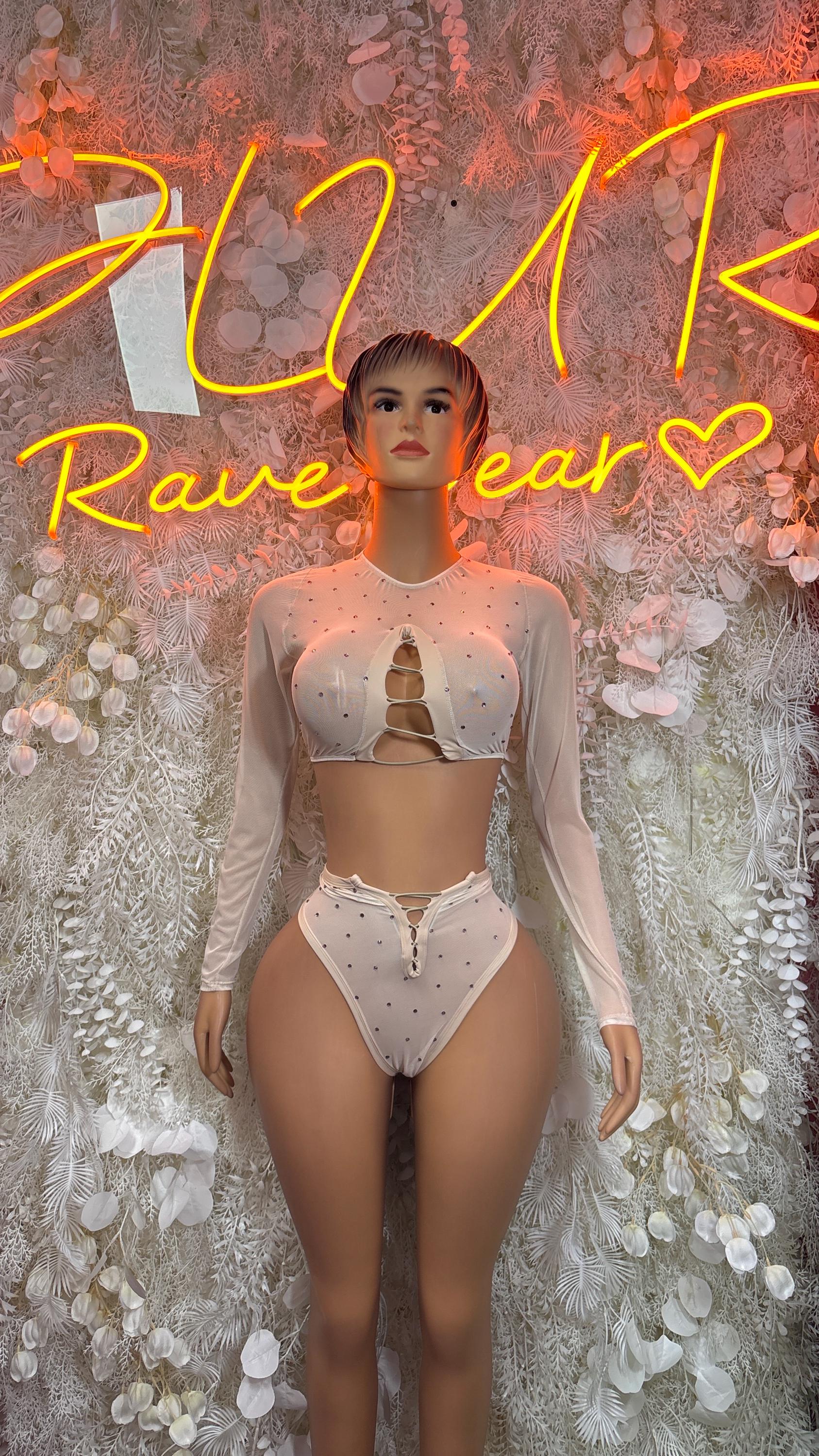 Nude mesh two-piece dance set with long sleeves, cutout bra and high-cut briefs.