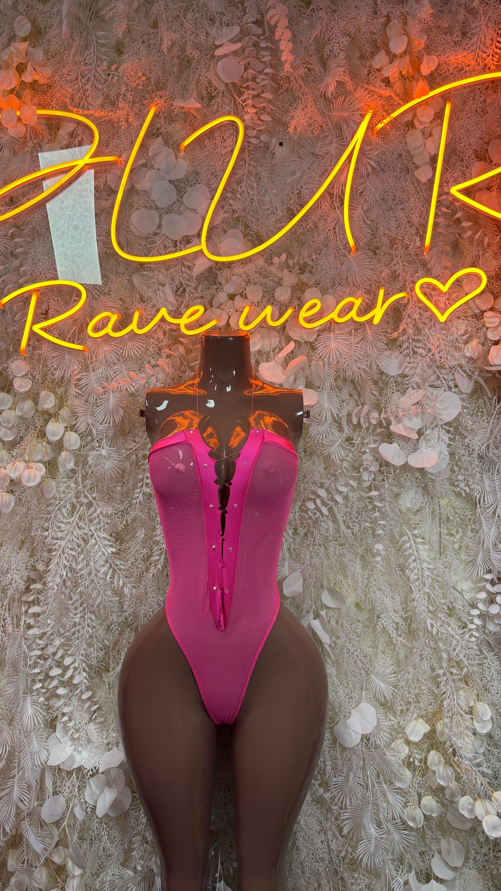 Hot pink one-piece bodysuit with deep V back and high-cut legs