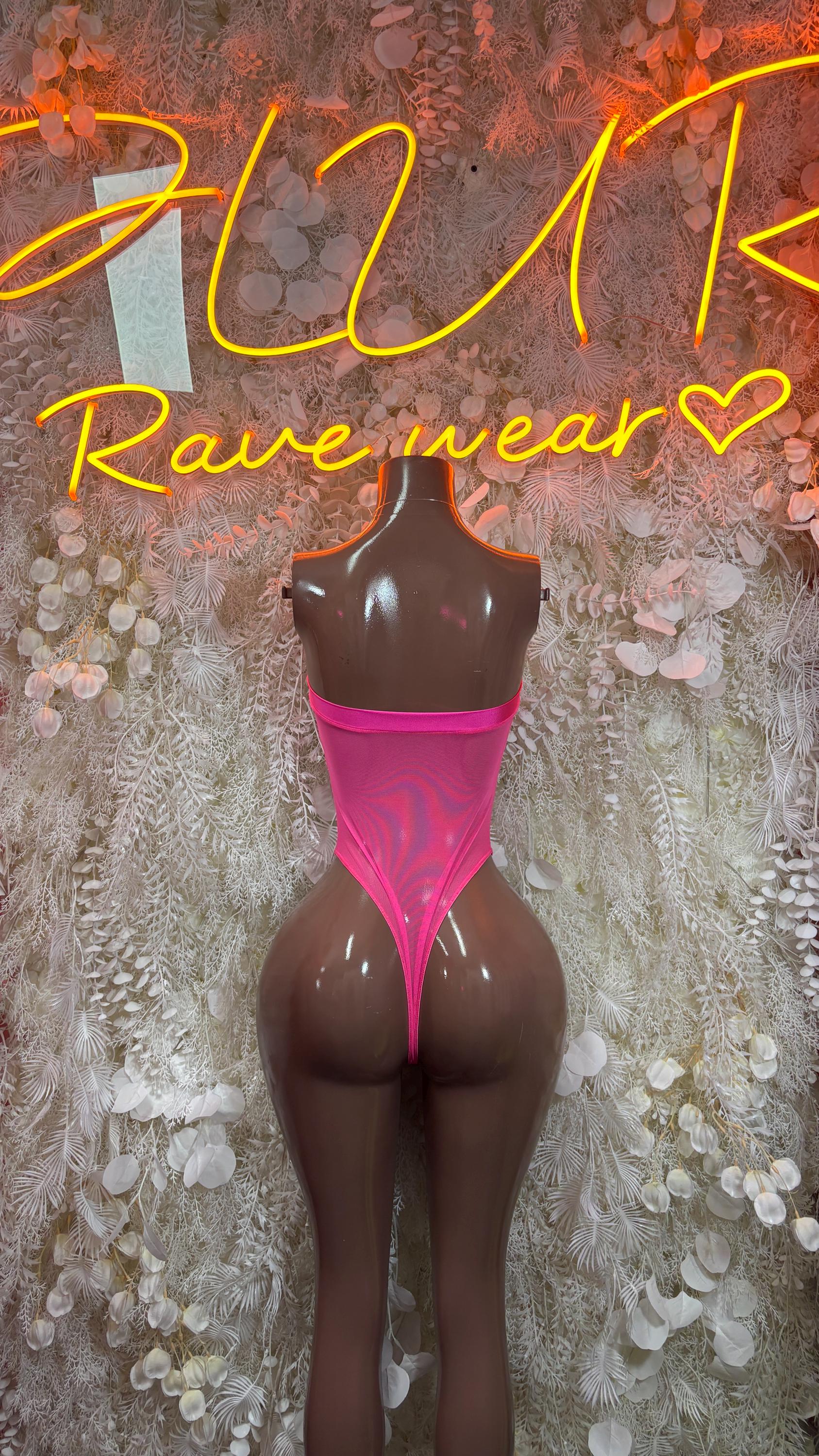 Hot pink one-piece bodysuit with V-front detail and high-cut legs