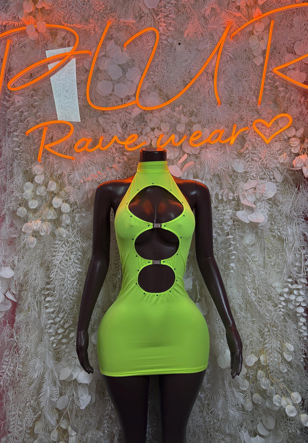 Shiny neon green sleeveless festival dress with three oval cutouts