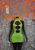 Shiny neon green sleeveless festival dress with three oval cutouts