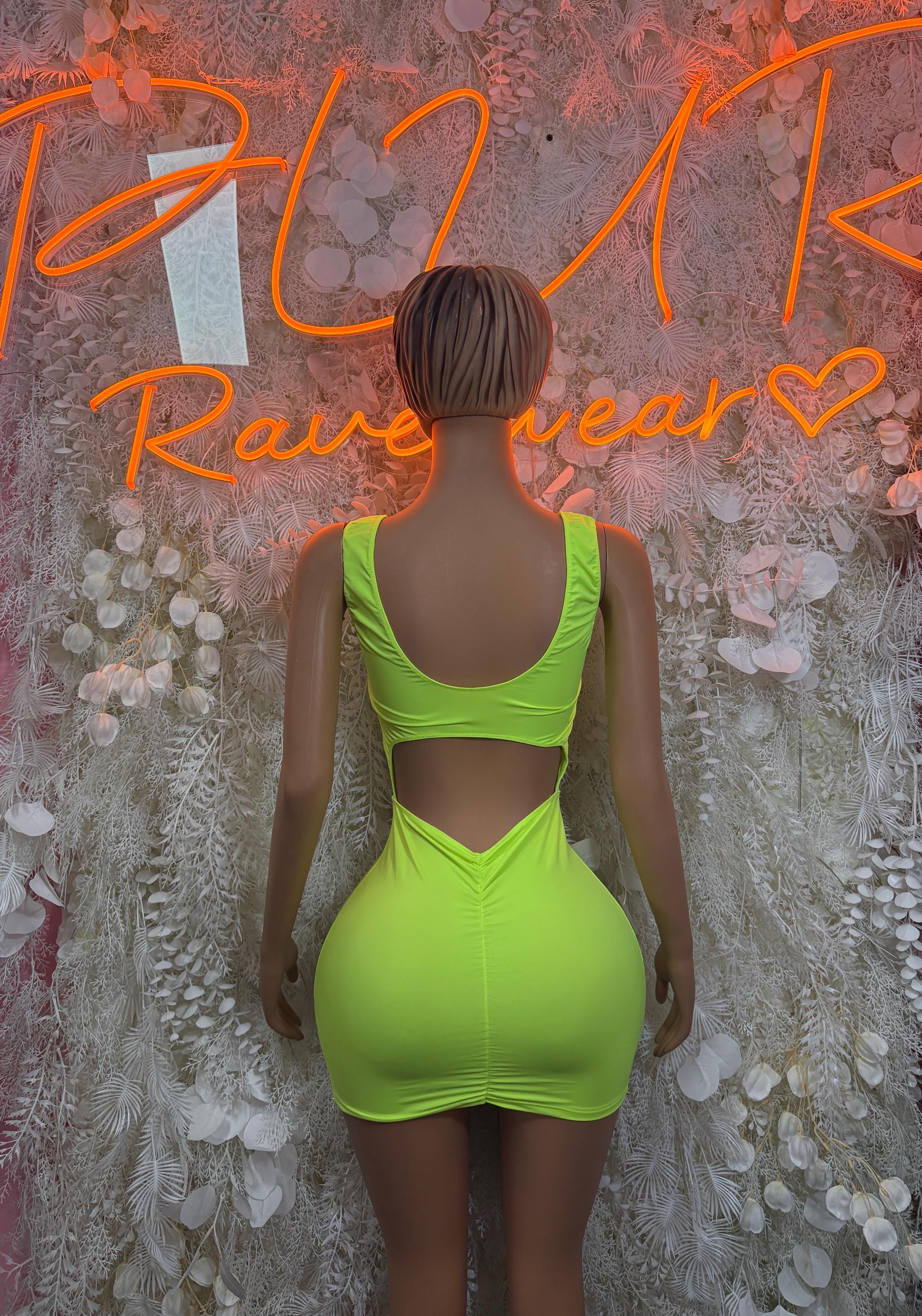 Neon green ruched mini dress with halter straps and open back