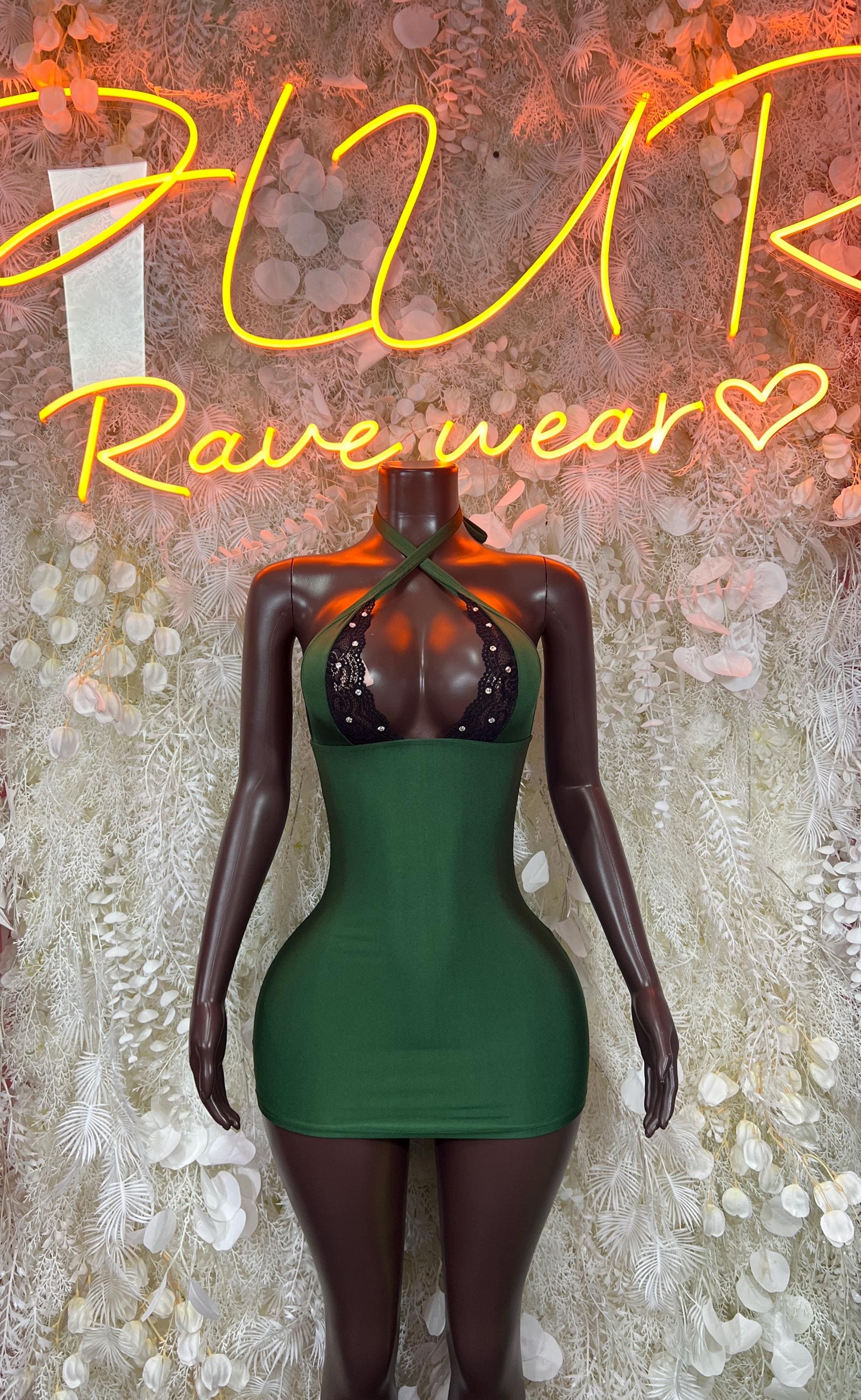 Green halter mini dress with dark embellished sweetheart bust and fitted skirt