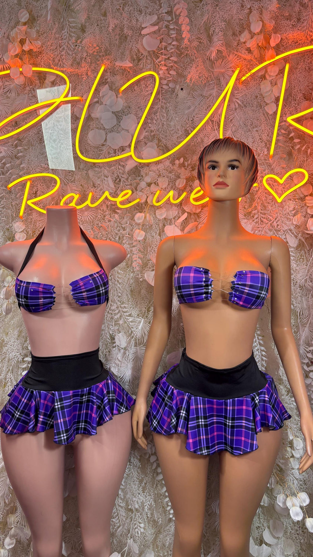 Purple plaid skirt set with bandeau bra top and pleated mini skirt