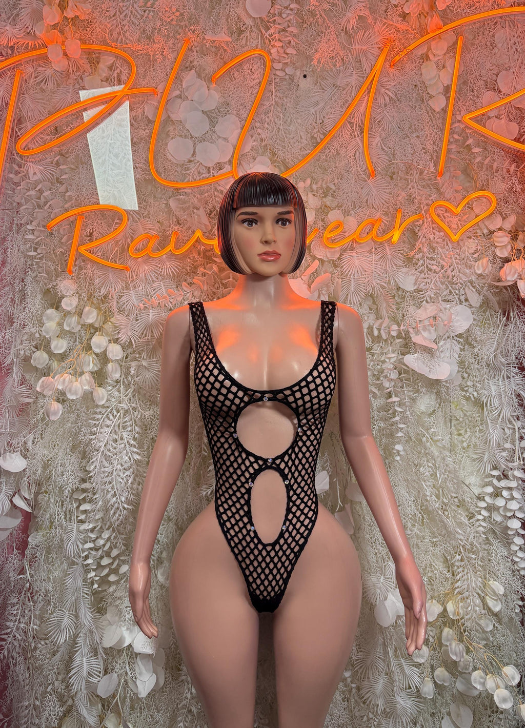 Black Fishnet Festival Bodysuit – One-Piece for Women, Rave & Exotic Dance Wear, Clubwear Outfit