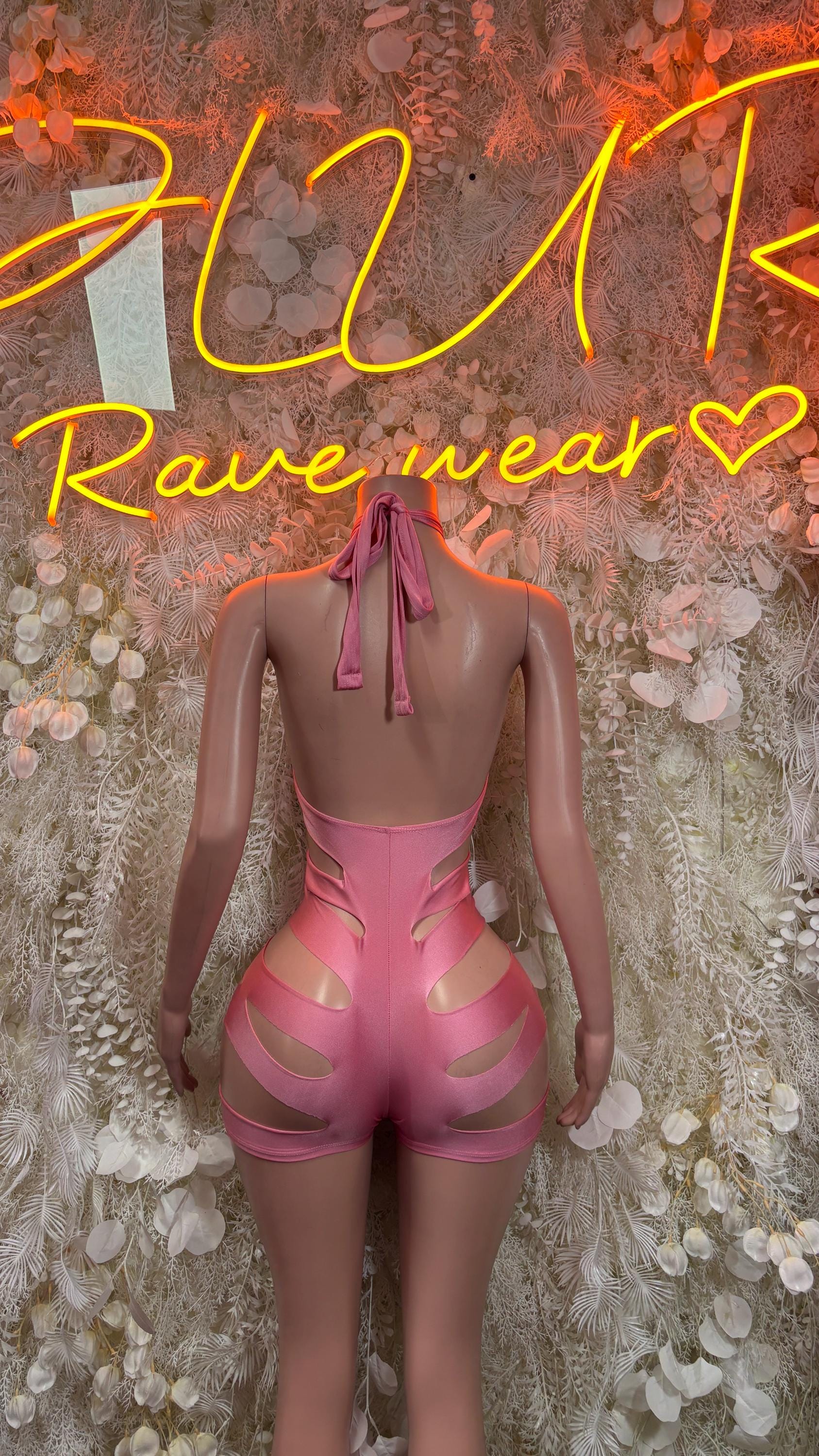 Baby pink cutout bodysuit with halter straps, open back and bow tie
