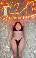 Burgundy halter rave bikini with cutout front and high-leg bottoms