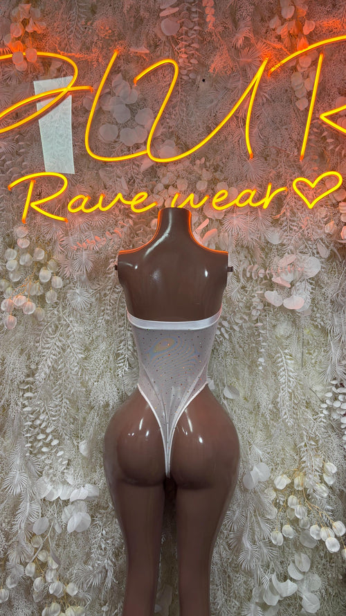 White sleeveless bodysuit with deep V neckline and high-cut leg, front view