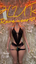 Black lace festival bodysuit, halter deep V neckline, sheer sides and thong back
