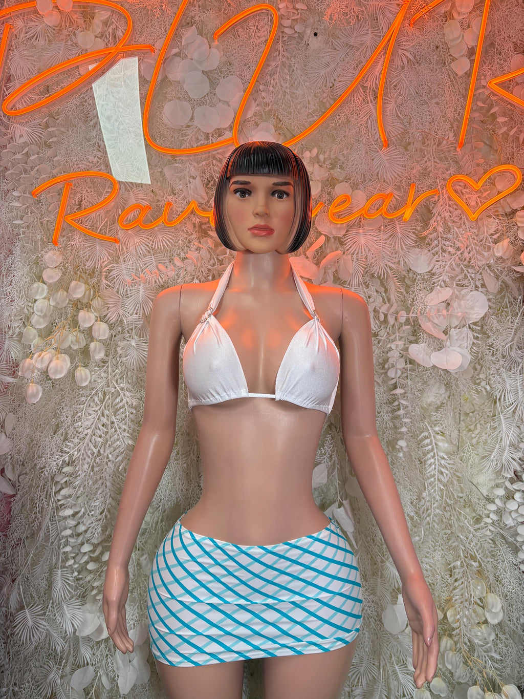 White halter bikini top with blue striped mini skirt, festival rave set