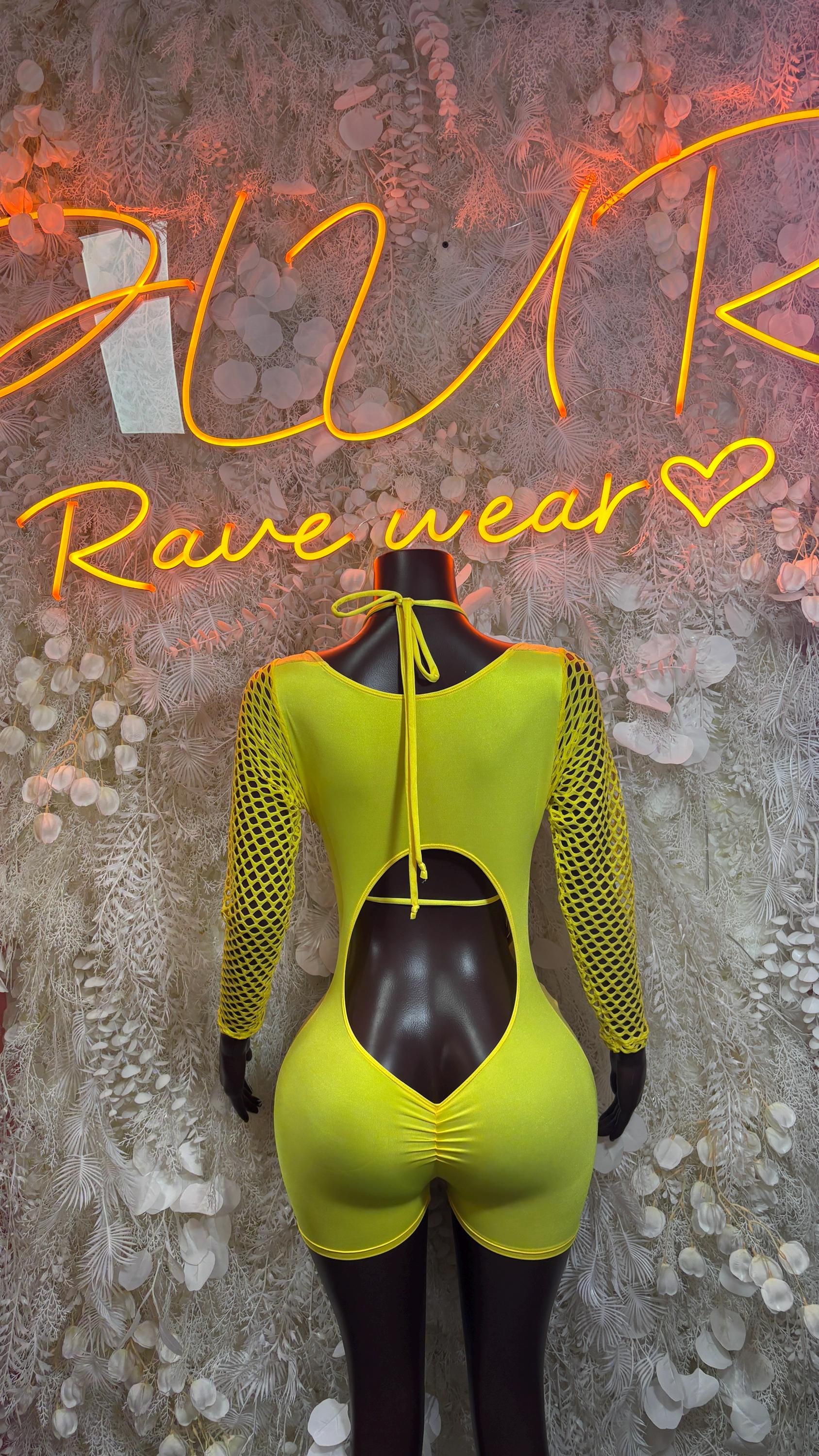 Lime yellow lace-up bodysuit with long mesh sleeves and tie-back backless design