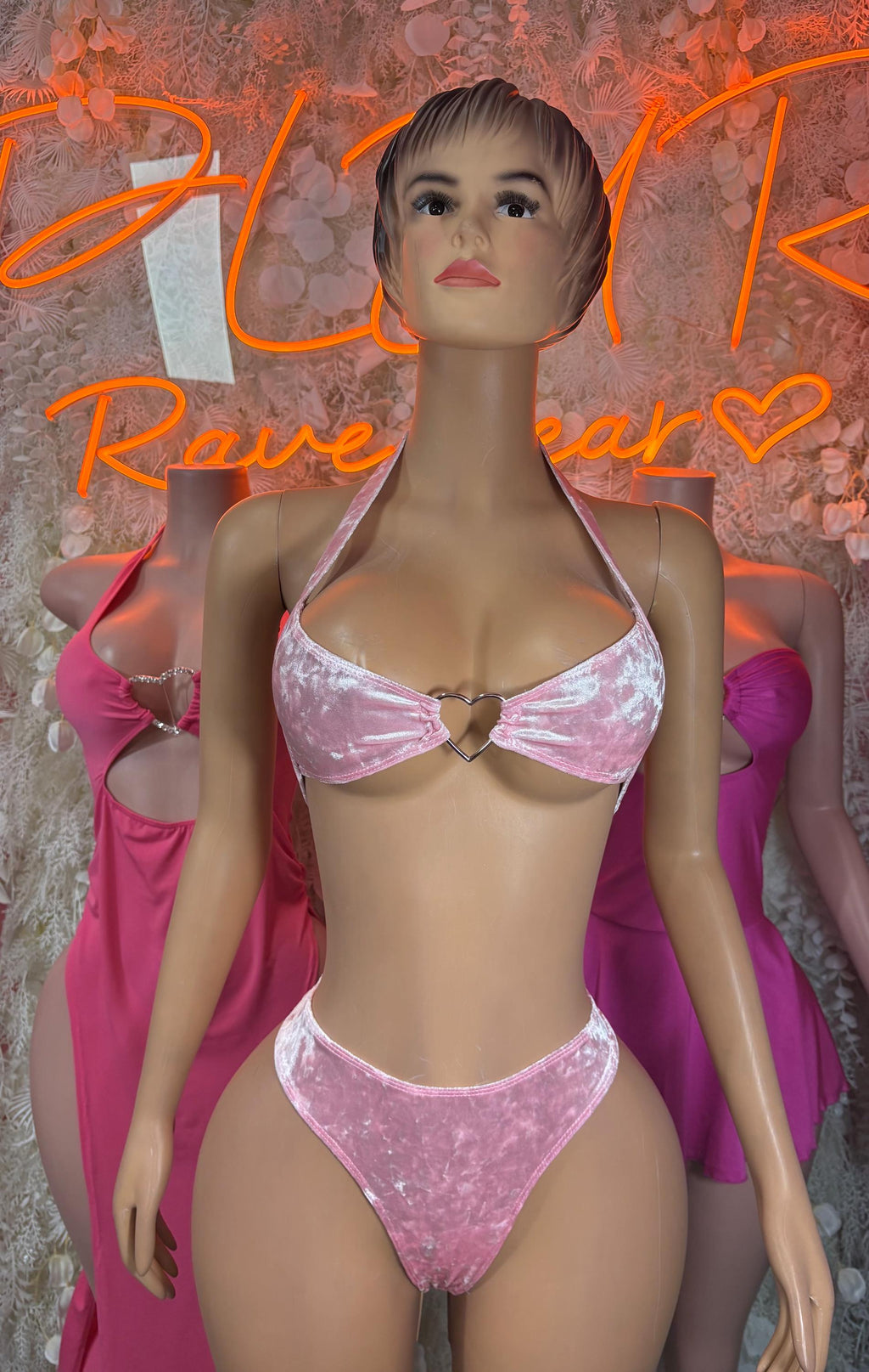 Pink velvet lingerie set with underwire bra and matching thong briefs, front view