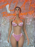 Pink velvet lingerie set with heart-style bra and matching high-cut thong briefs