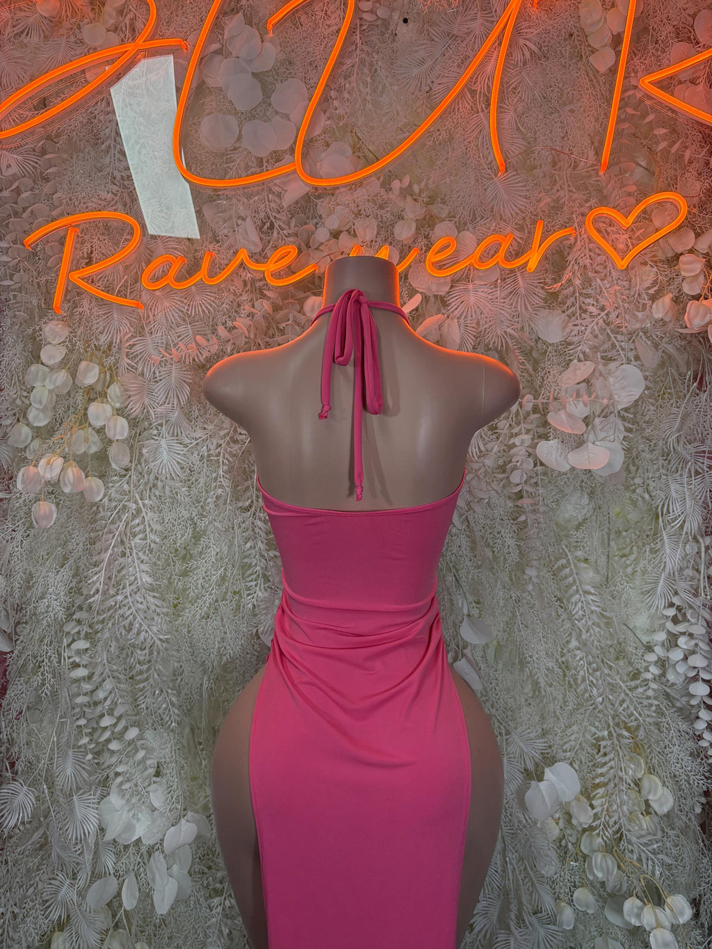 Pink halter backless lingerie dress with tie string and ruched waist