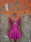 Fuchsia pink sweetheart mini dress with bow detail and flared skirt, one-piece