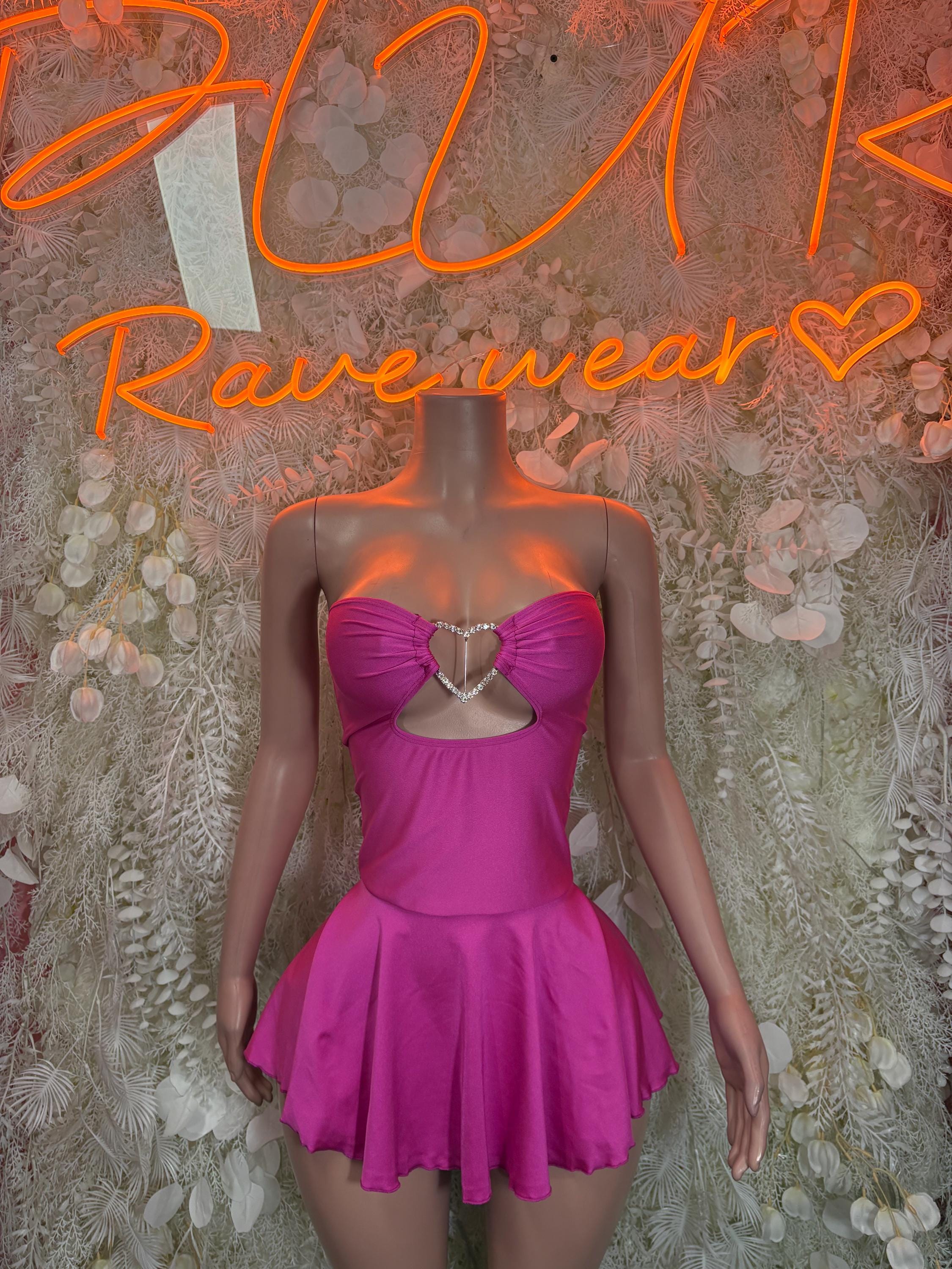 Fuchsia pink sweetheart mini dress with bow detail and flared skirt, one-piece