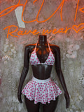 Two-piece mini dress with pink heart triangle bikini top and flared heart-print skirt