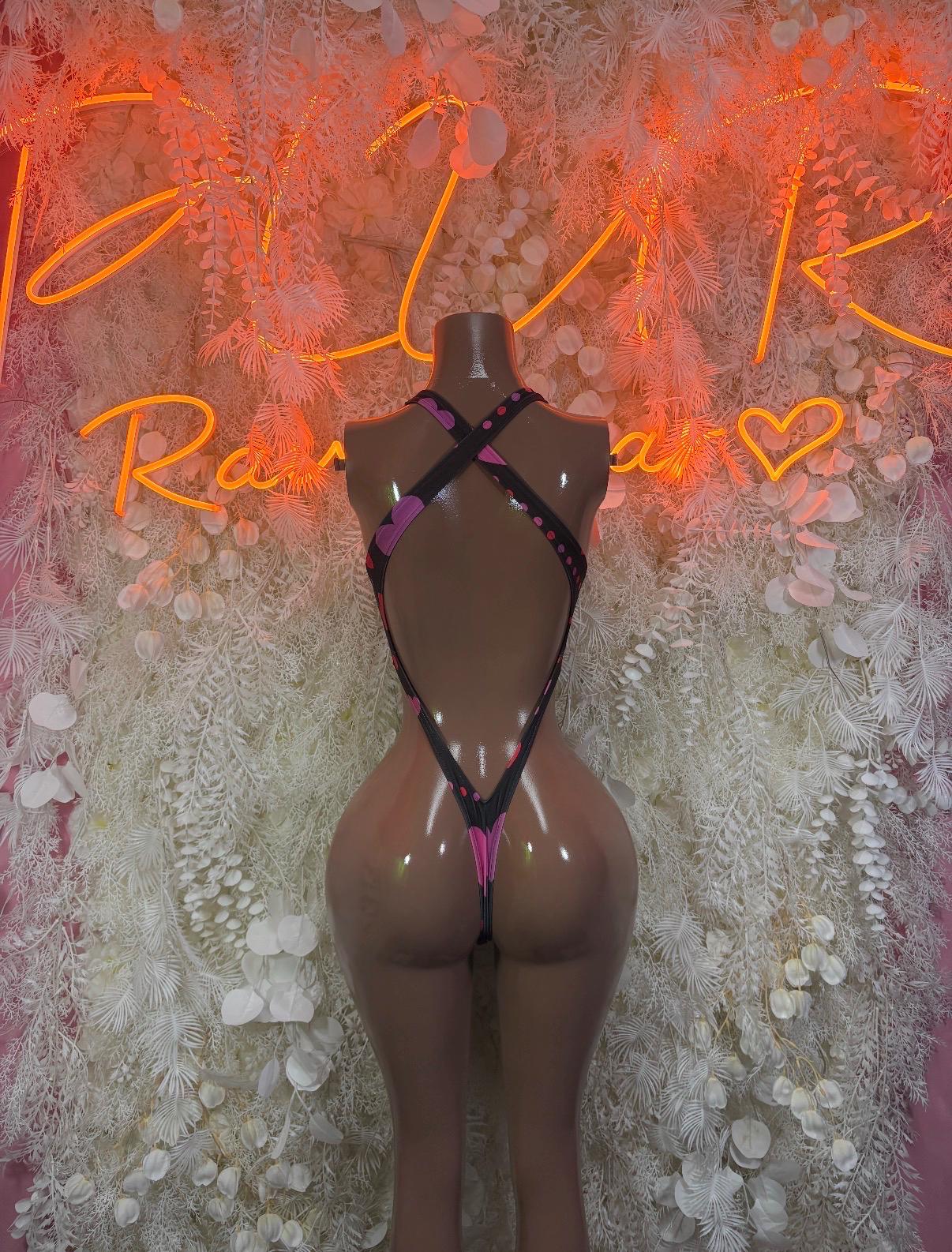 Black heart bodysuit with open back and pink heart detailing