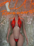 Red heart-detailed one-piece lingerie with triangle cups and thin straps