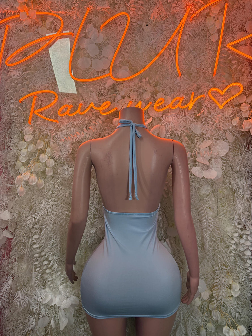 Baby blue backless one-piece mini dress with tie detail and ruching