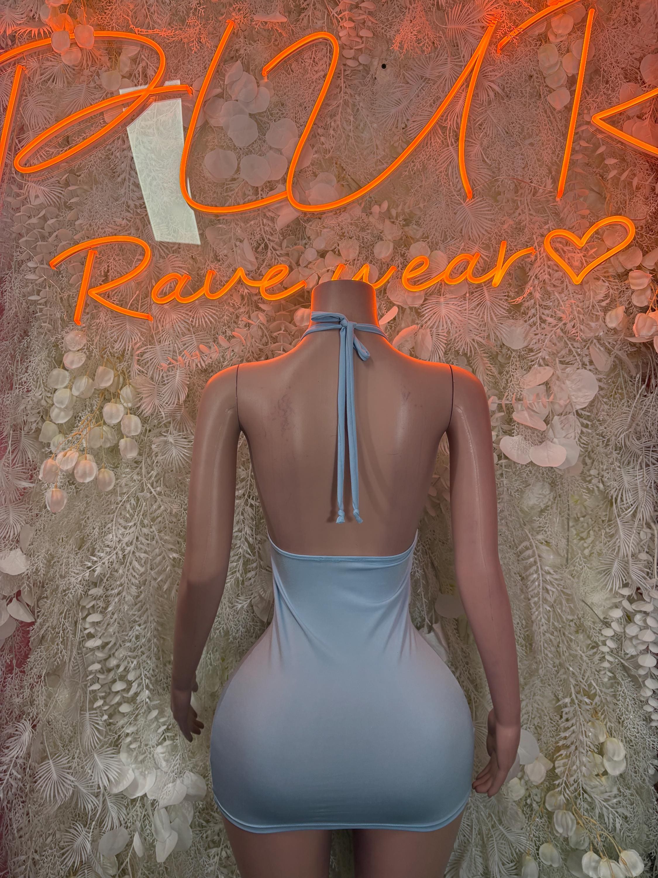 Baby blue backless one-piece mini dress with tie detail and ruching