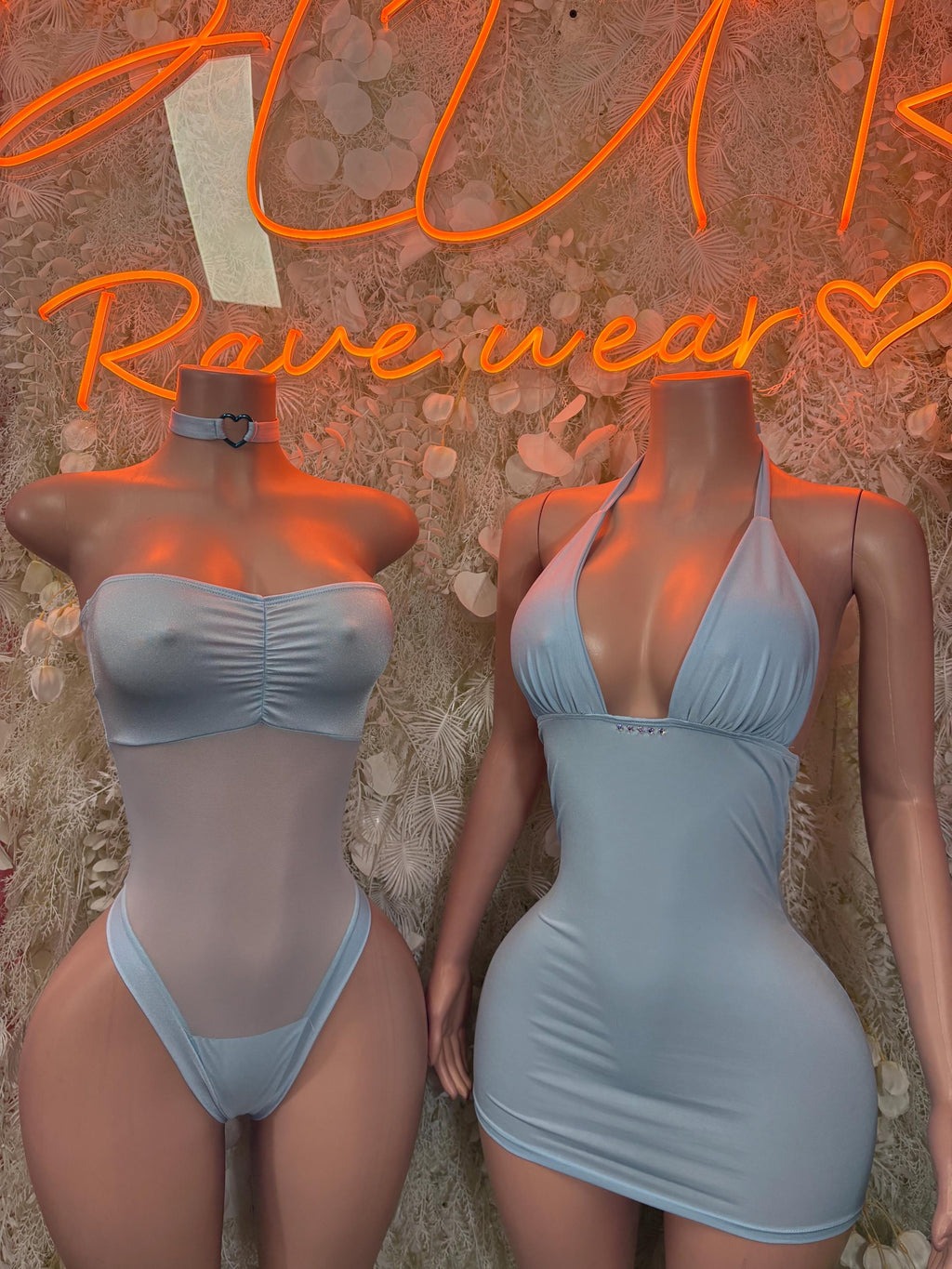 Baby blue halter mini dress and matching bikini, shown front and back views