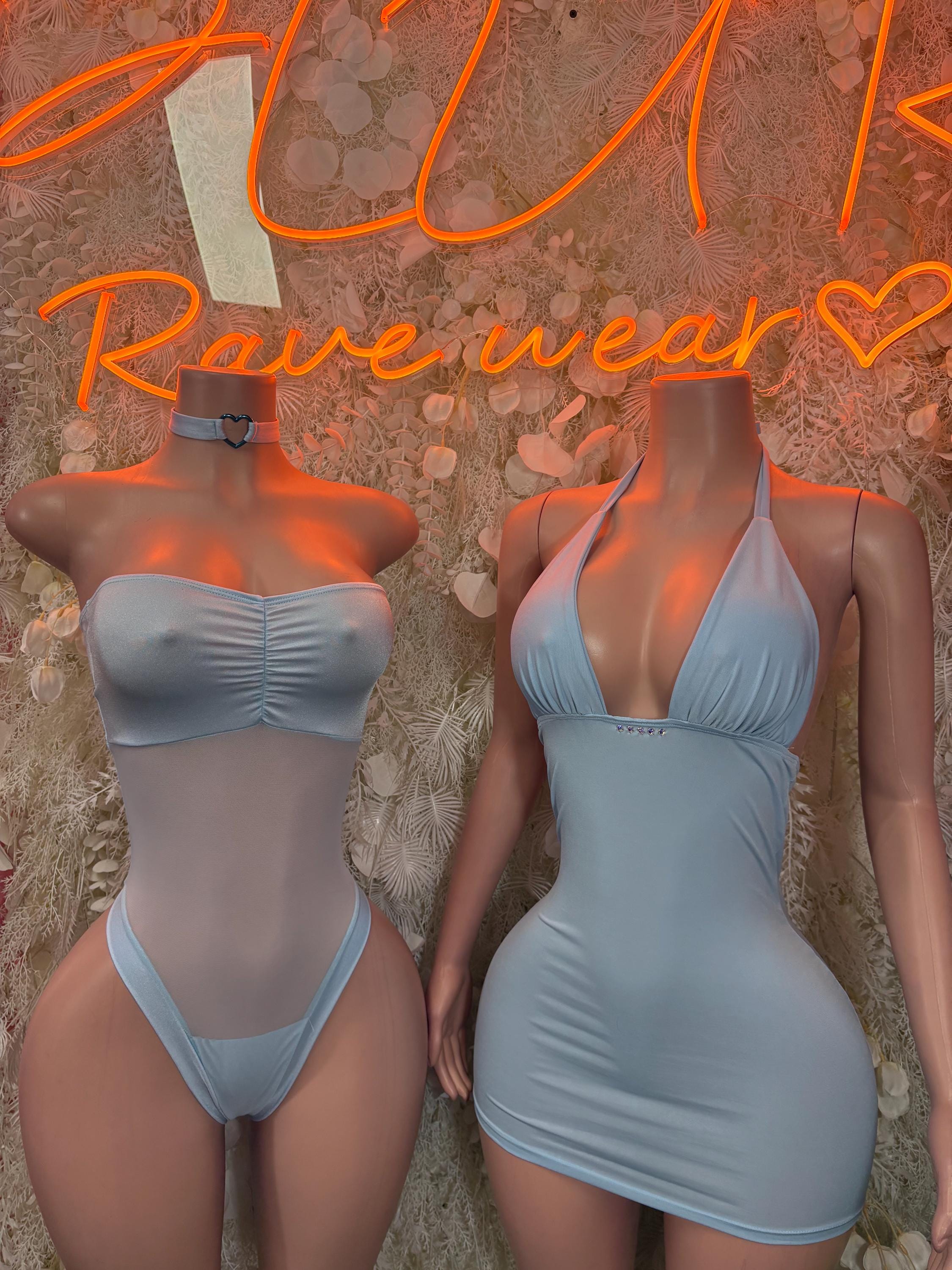 Baby blue halter mini dress and matching bikini, shown front and back views