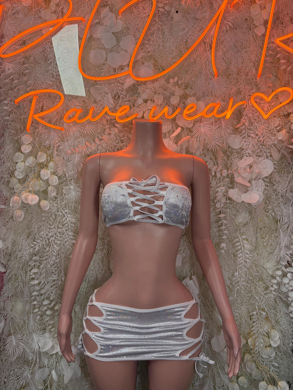 Ravewear Two-Piece Silver Skirt Set Festival Outfit– Exotic Dance & Rave Clothing