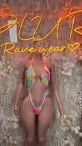 Multicolor strappy rave bodysuit with high-cut leg and V-front neckline