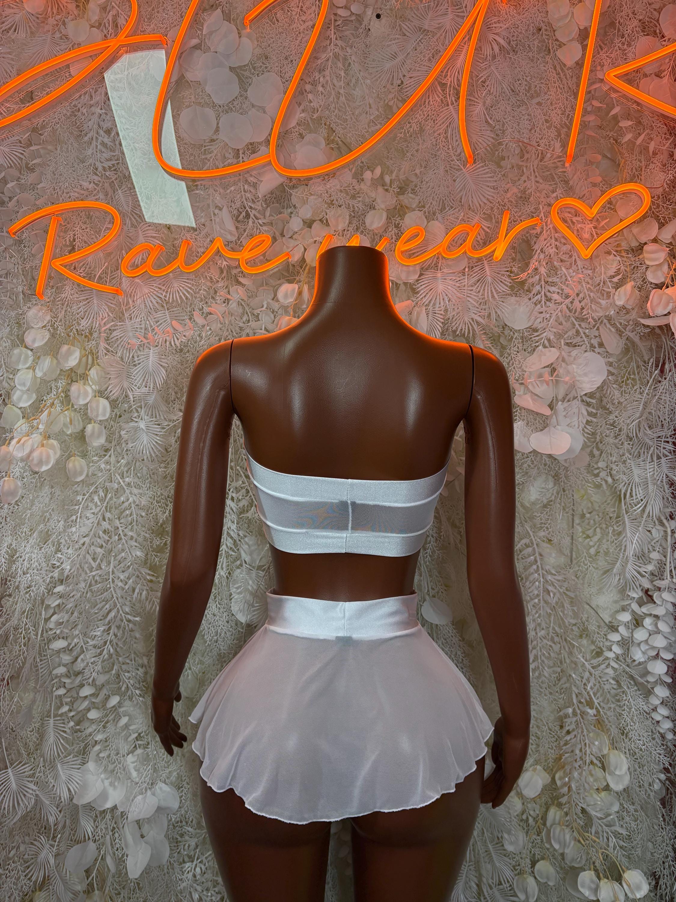 White mesh two-piece skirt set with bandeau bra top and layered ruffle skirt, back view